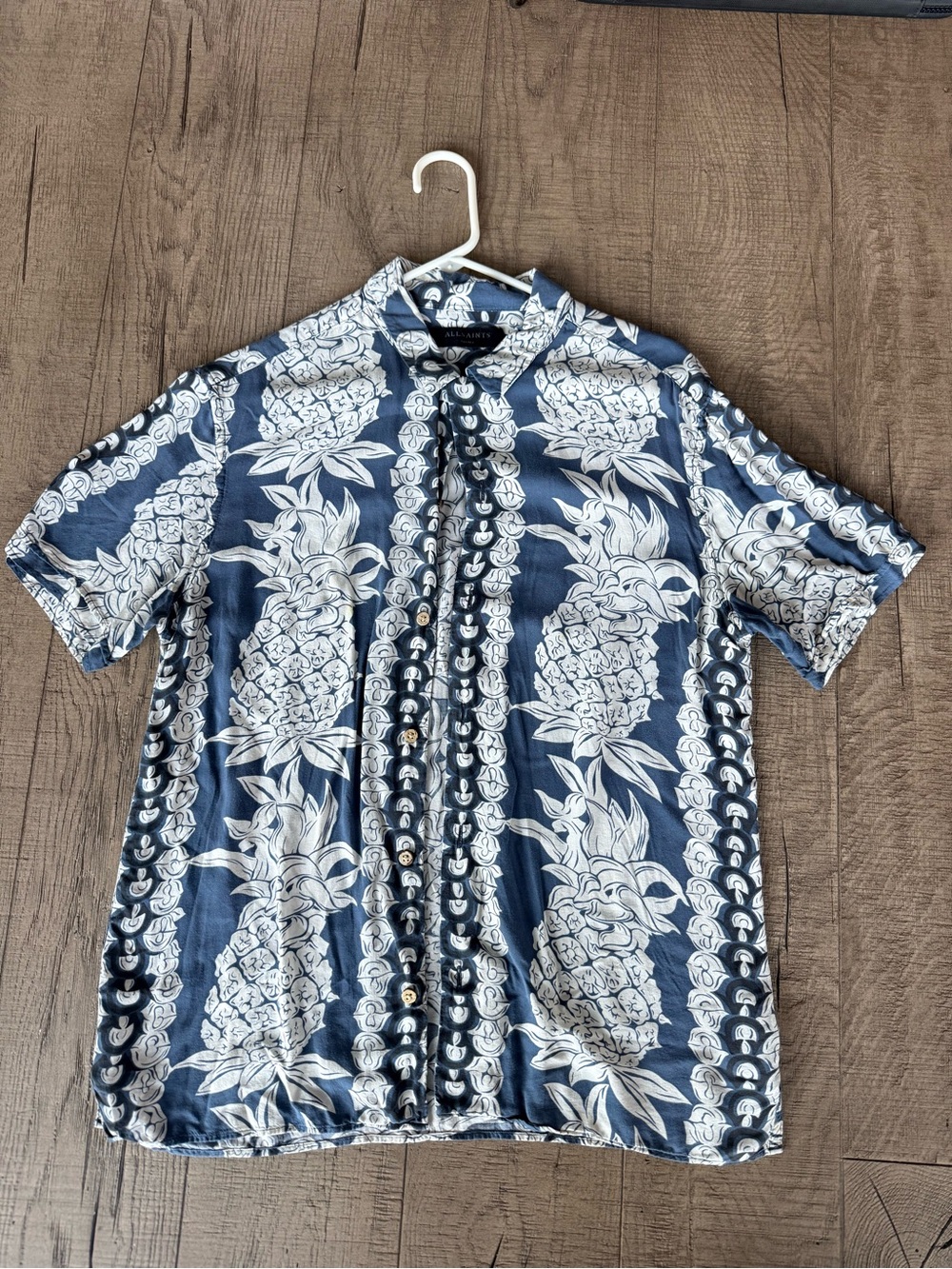 All Saints Men's Blue Hawaiian Pineapple Short Sleeve Shirt